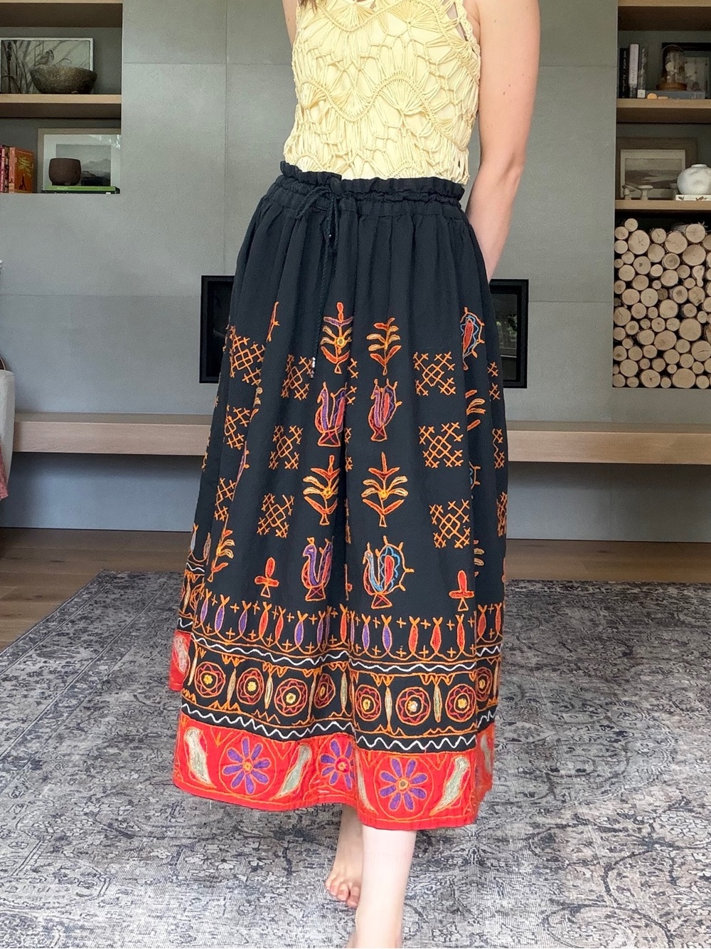 100% cotton boho Embroidered Black Midi Skirt one size likely small - large